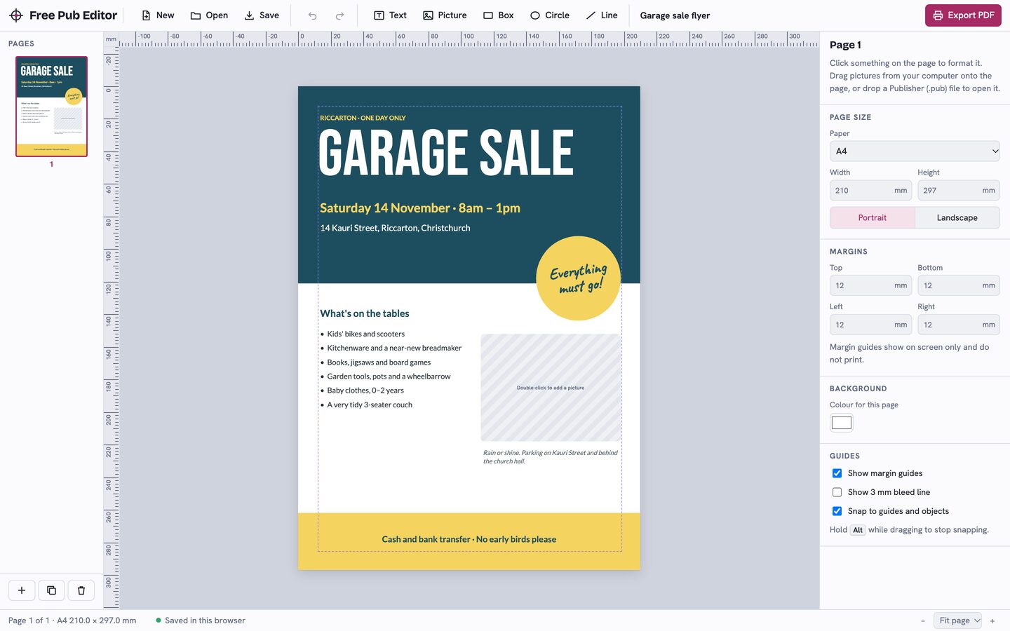 The Free Pub Editor workspace showing a garage sale flyer with page thumbnails, rulers in millimetres and a formatting panel