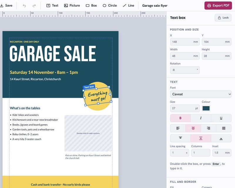 A garage sale flyer open in Free Pub Editor with a rotated text box selected and its font, size and colour settings in the side panel