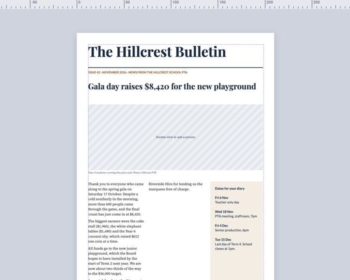 A school newsletter, The Hillcrest Bulletin, open in the editor on the reader's own computer